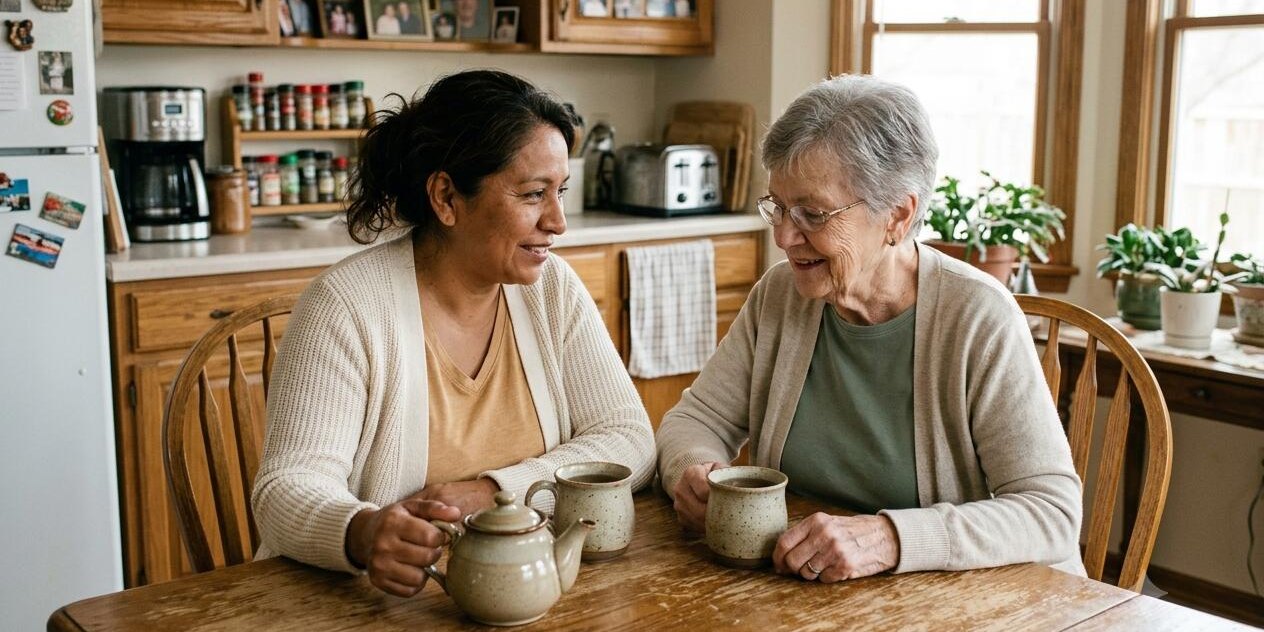 A caregiver and an older woman talk over tea at her kitchen table.